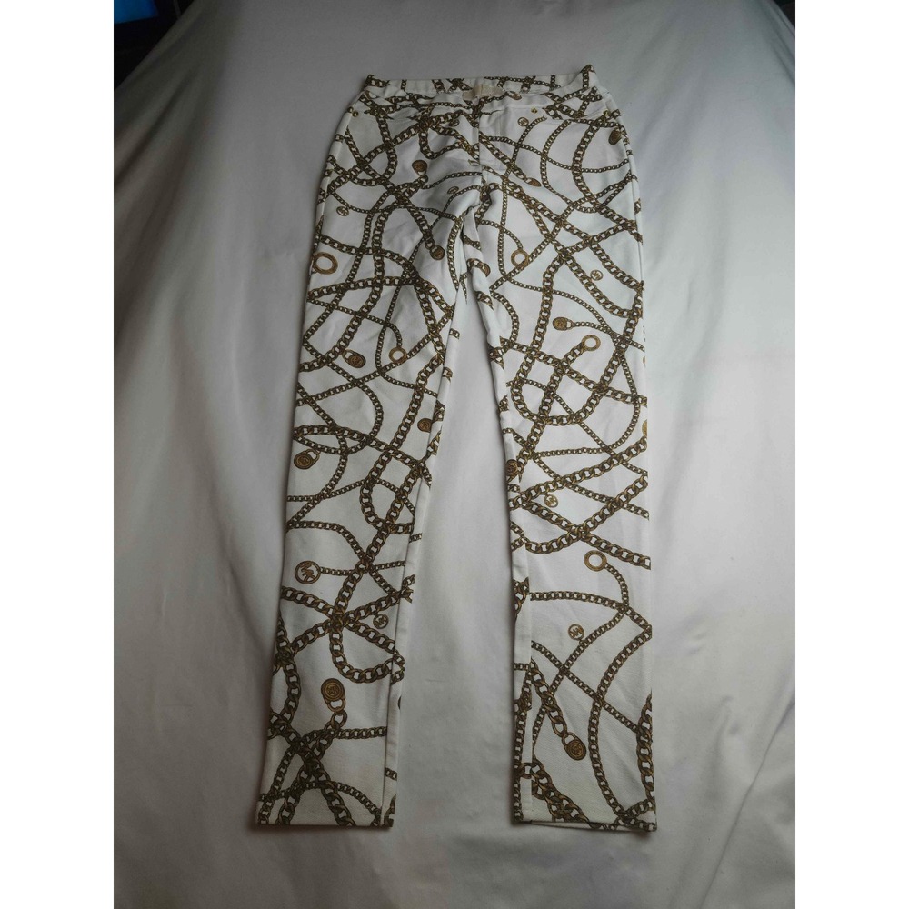 Michael Kors Womens White Gold Chain Link Print Skinny Pants Size S MK Logo